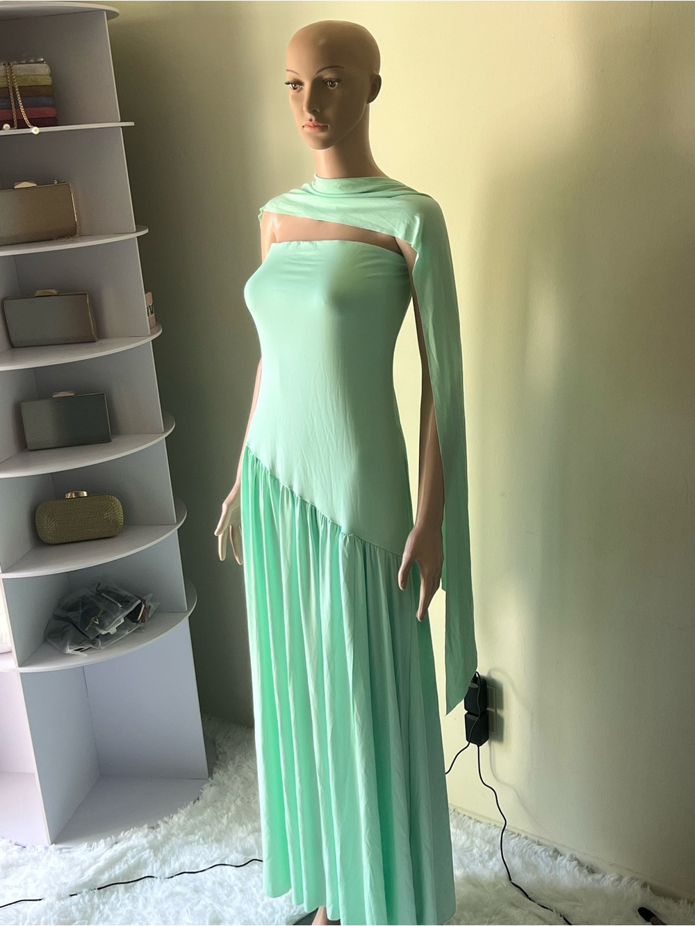 Mint Green maxi dress sleeveless with scarf and left side slit